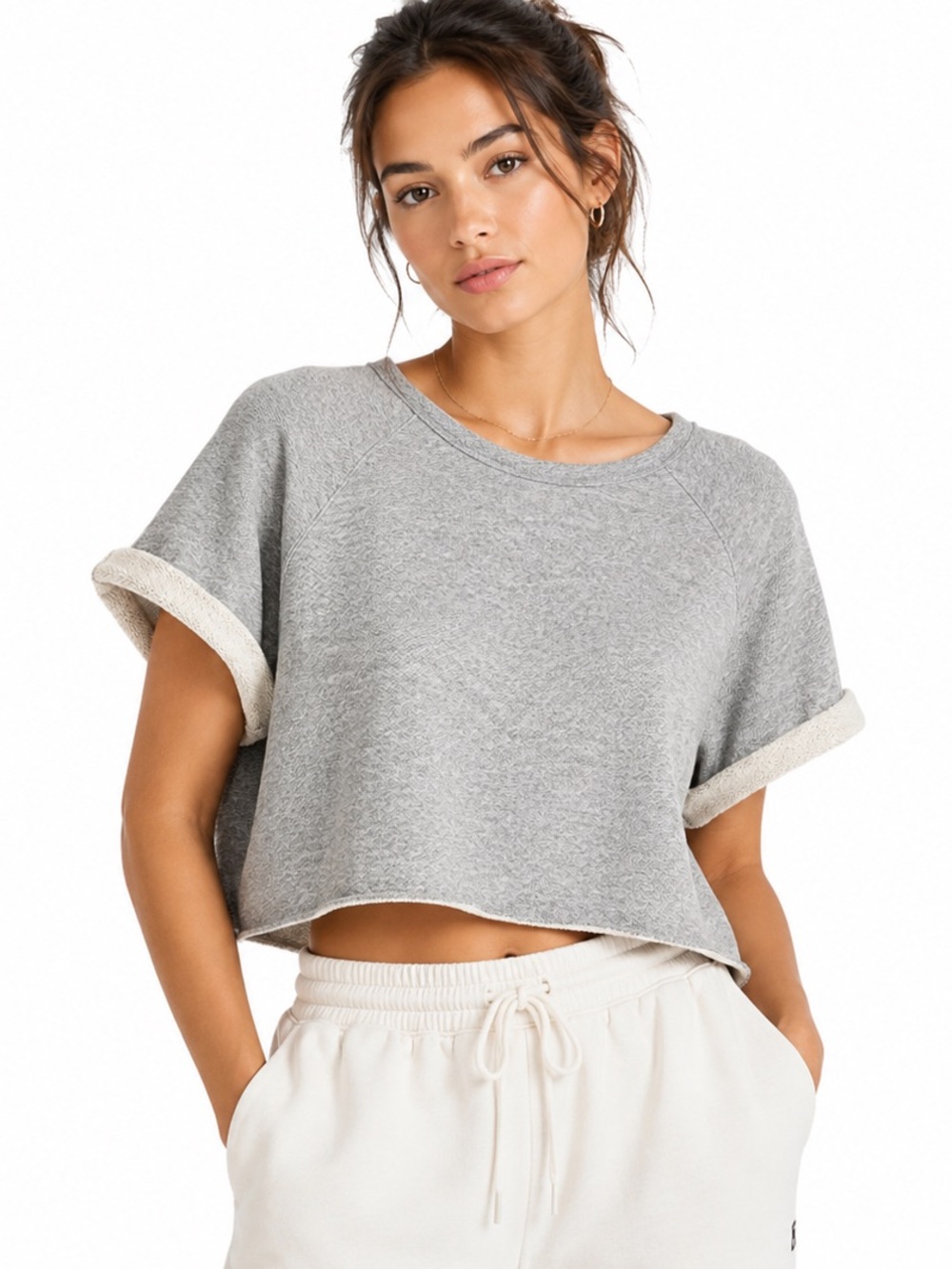 H&M Gray Cropped Sweatshirt Boxy Short Sleeve Raw Hem French Terry Size L